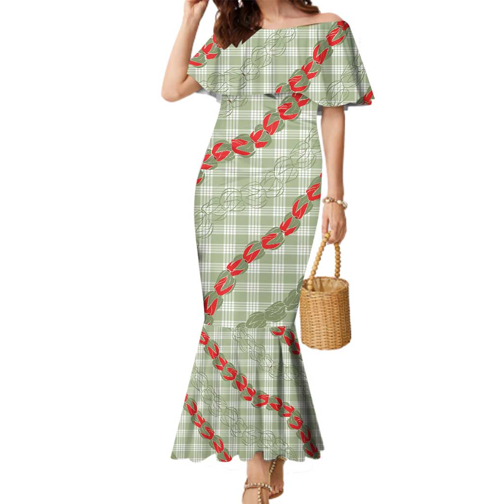 Omaomao Aloha Hawaii Family Matching Mermaid Dress and Hawaiian Shirt Rosebud Lei With Palaka Motif LT14 Mom's Dress Green - Polynesian Pride