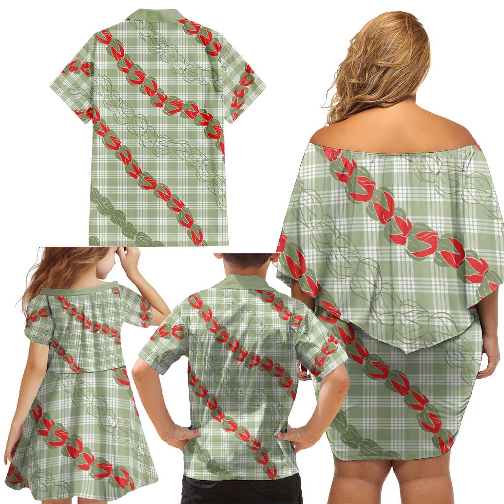 Omaomao Aloha Hawaii Family Matching Off Shoulder Short Dress and Hawaiian Shirt Rosebud Lei With Palaka Motif LT14 - Polynesian Pride