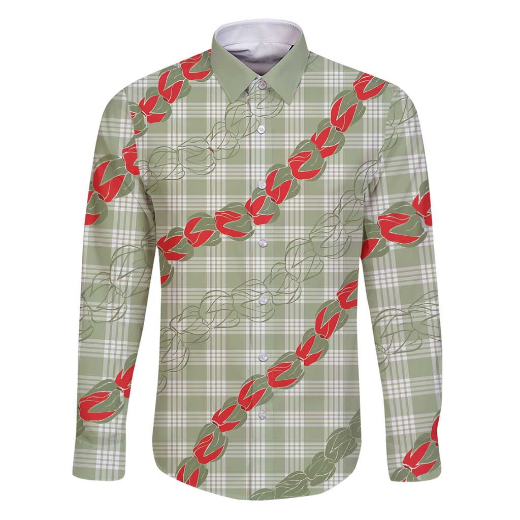 Omaomao Aloha Hawaii Family Matching Puletasi and Hawaiian Shirt Rosebud Lei With Palaka Motif LT14 Dad's Shirt - Long Sleeve Green - Polynesian Pride