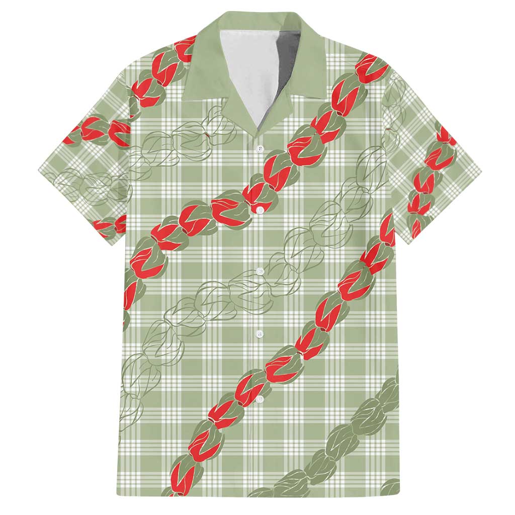 Omaomao Aloha Hawaii Family Matching Tank Maxi Dress and Hawaiian Shirt Rosebud Lei With Palaka Motif LT14 Dad's Shirt - Short Sleeve Green - Polynesian Pride