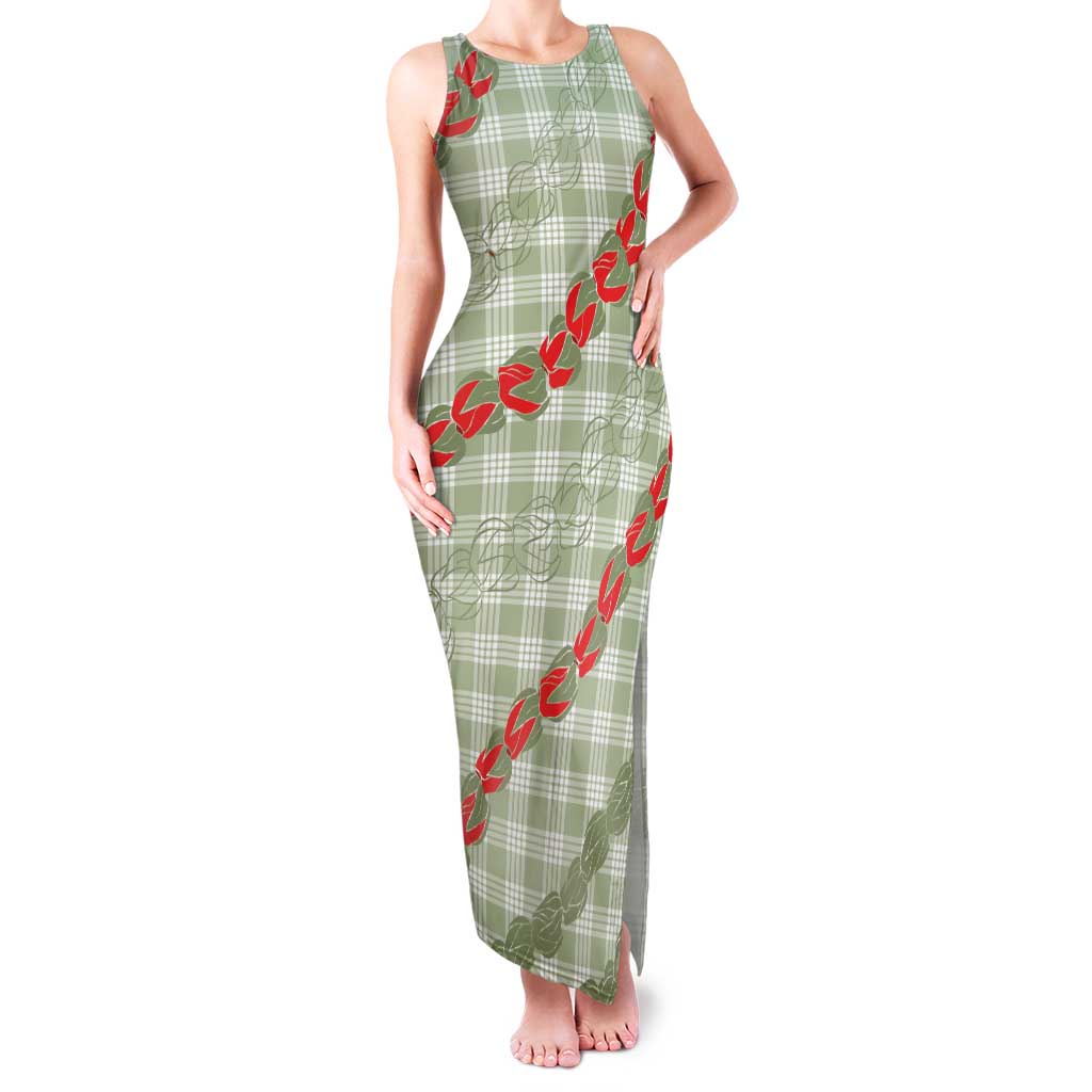 Omaomao Aloha Hawaii Family Matching Tank Maxi Dress and Hawaiian Shirt Rosebud Lei With Palaka Motif LT14 Mom's Dress Green - Polynesian Pride
