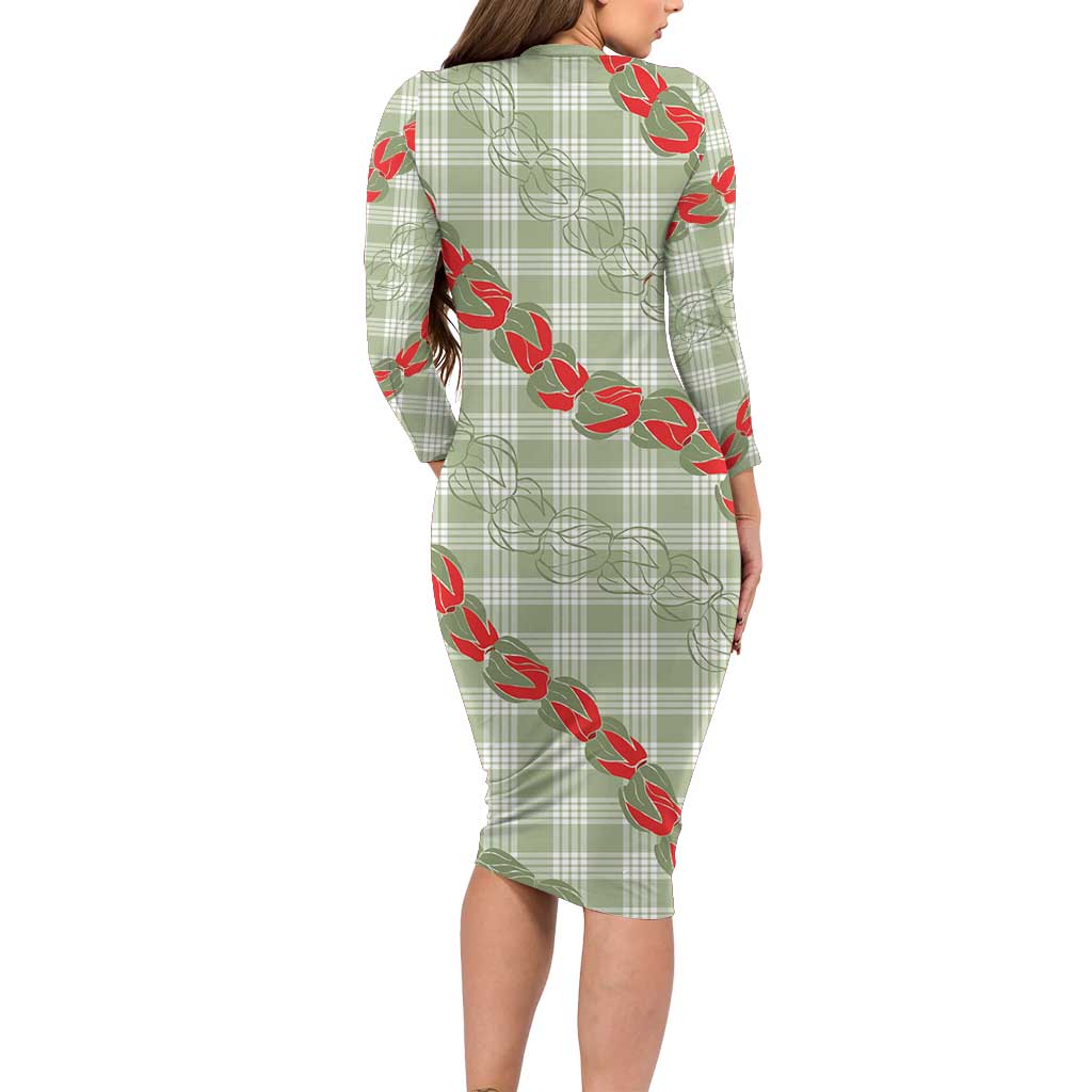 Omaomao Aloha Hawaii Long Sleeve Bodycon Dress Rosebud Lei With Palaka Motif - Polynesian Pride