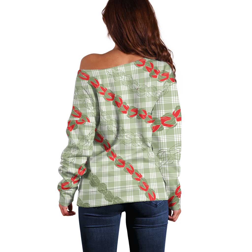 Omaomao Aloha Hawaii Off Shoulder Sweater Rosebud Lei With Palaka Motif - Polynesian Pride