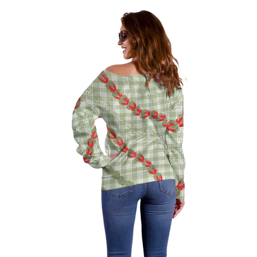 Omaomao Aloha Hawaii Off Shoulder Sweater Rosebud Lei With Palaka Motif - Polynesian Pride