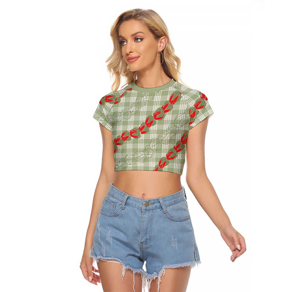 Omaomao Aloha Hawaii Raglan Cropped T Shirt Rosebud Lei With Palaka Motif - Polynesian Pride