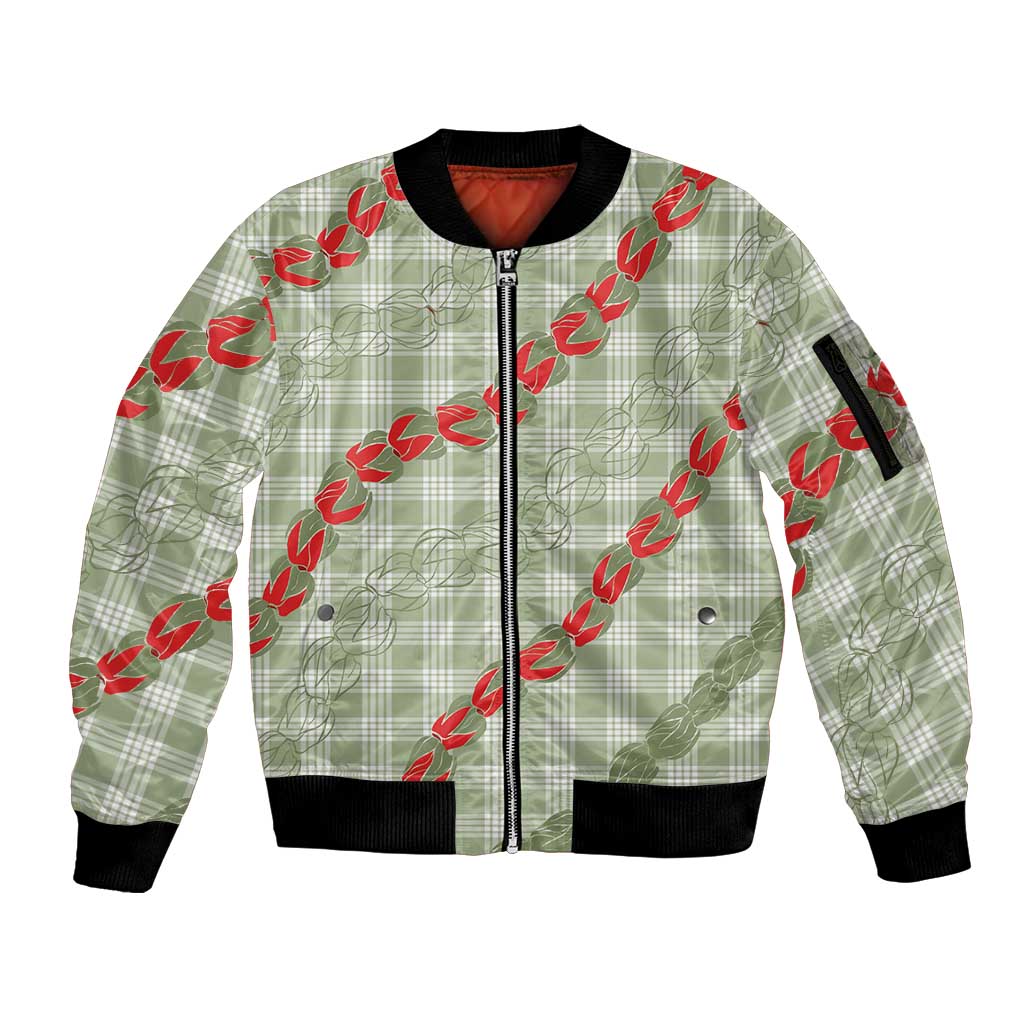 Omaomao Aloha Hawaii Sleeve Zip Bomber Jacket Rosebud Lei With Palaka Motif LT14 Unisex Green - Polynesian Pride