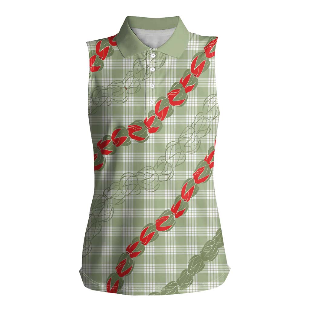 Omaomao Aloha Hawaii Women Sleeveless Polo Shirt Rosebud Lei With Palaka Motif LT14 Female Green - Polynesian Pride