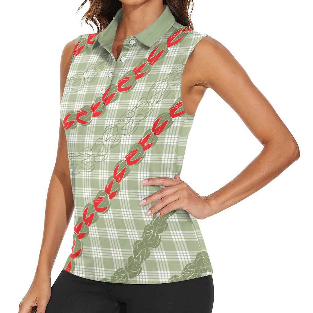 Omaomao Aloha Hawaii Women Sleeveless Polo Shirt Rosebud Lei With Palaka Motif LT14 - Polynesian Pride