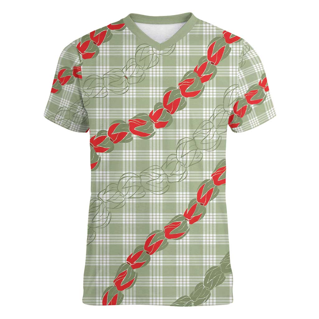 Omaomao Aloha Hawaii Women V-Neck T-Shirt Rosebud Lei With Palaka Motif LT14 Female Green - Polynesian Pride