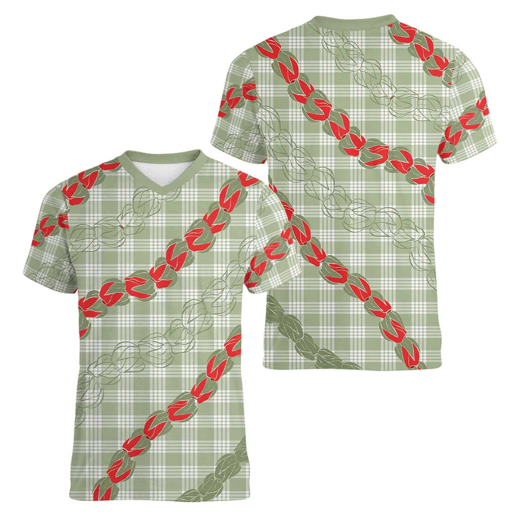Omaomao Aloha Hawaii Women V-Neck T-Shirt Rosebud Lei With Palaka Motif LT14 - Polynesian Pride