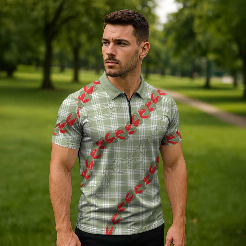 Omaomao Aloha Hawaii Zipper Polo Shirt Rosebud Lei With Palaka Motif - Polynesian Pride