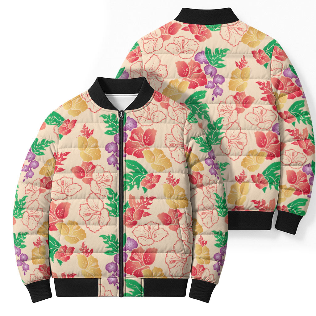 Colorful Aloha Hawaii Hibiscus Orchid Seamless Bomber Puffer Jacket
