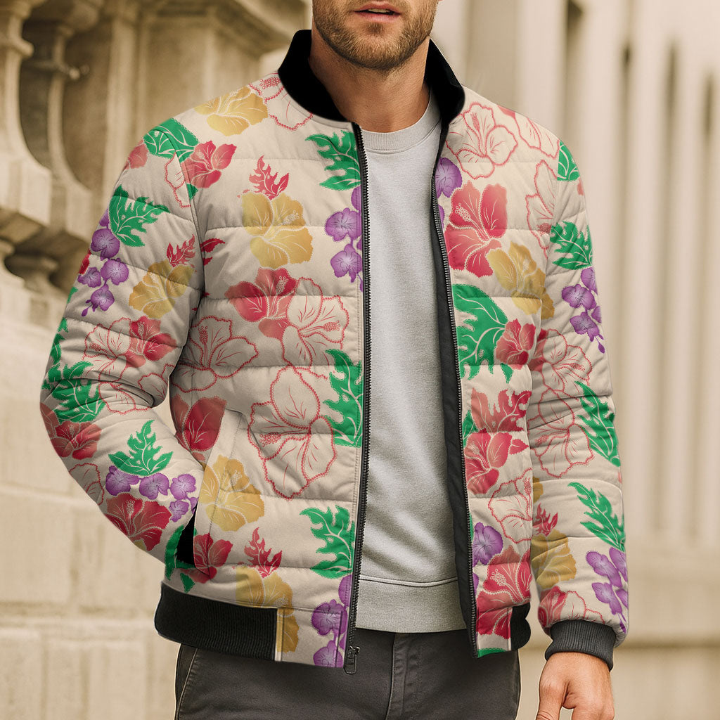 Colorful Aloha Hawaii Hibiscus Orchid Seamless Bomber Puffer Jacket