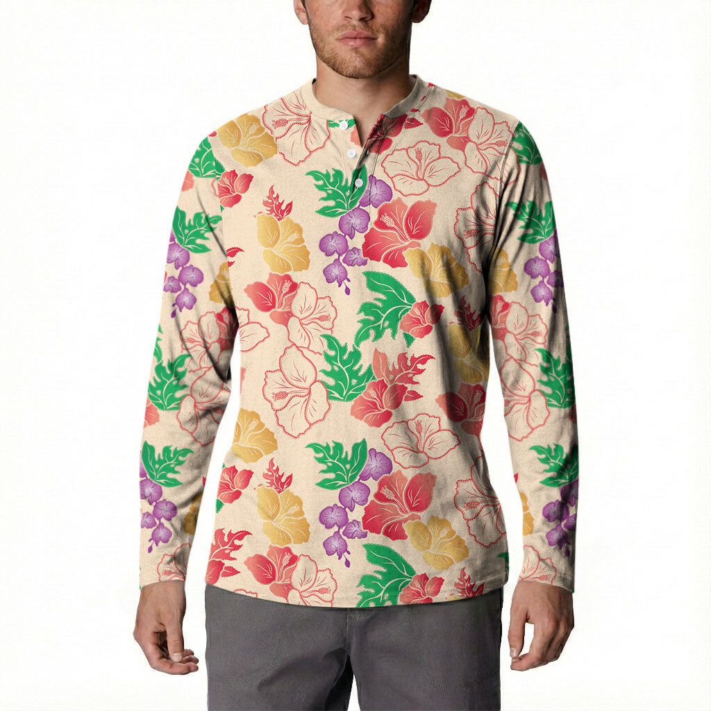Colorful Aloha Hawaii Hibiscus Orchid Seamless Button Sweatshirt
