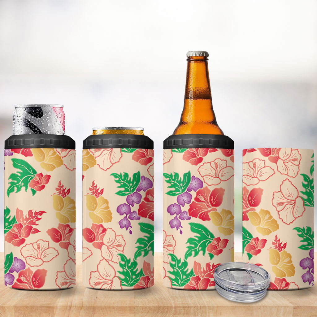 Colorful Aloha Hawaii Hibiscus Orchid Seamless 4 in 1 Can Cooler Tumbler