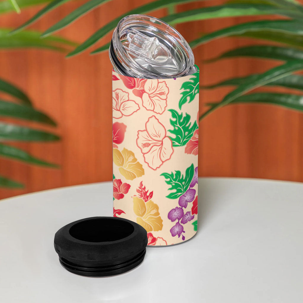 Colorful Aloha Hawaii Hibiscus Orchid Seamless 4 in 1 Can Cooler Tumbler
