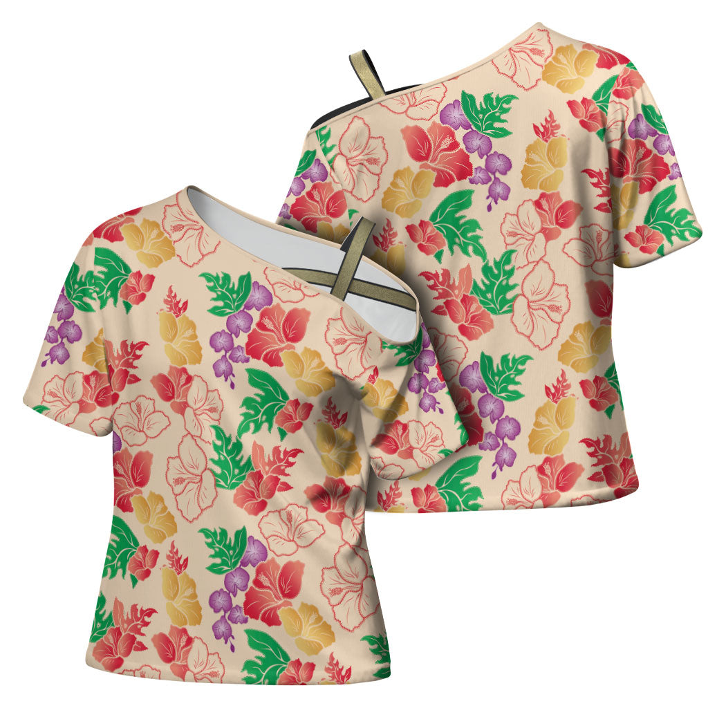 Colorful Aloha Hawaii Hibiscus Orchid Seamless Cross Shoulder Shirt