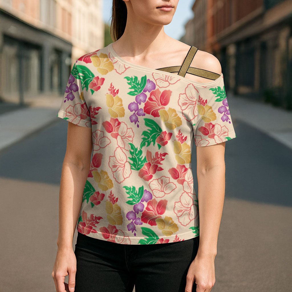 Colorful Aloha Hawaii Hibiscus Orchid Seamless Cross Shoulder Shirt
