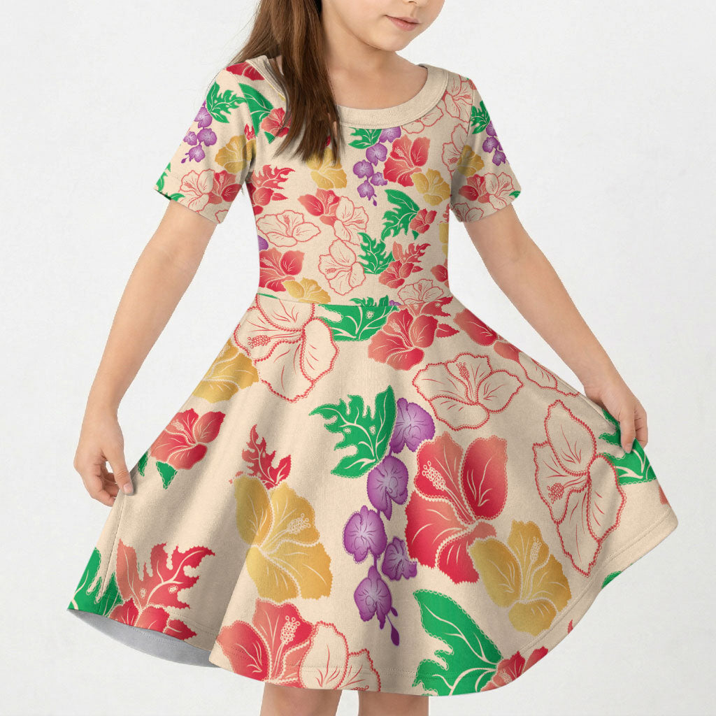 Colorful Aloha Hawaii Hibiscus Orchid Seamless Kid Short Sleeve Dress