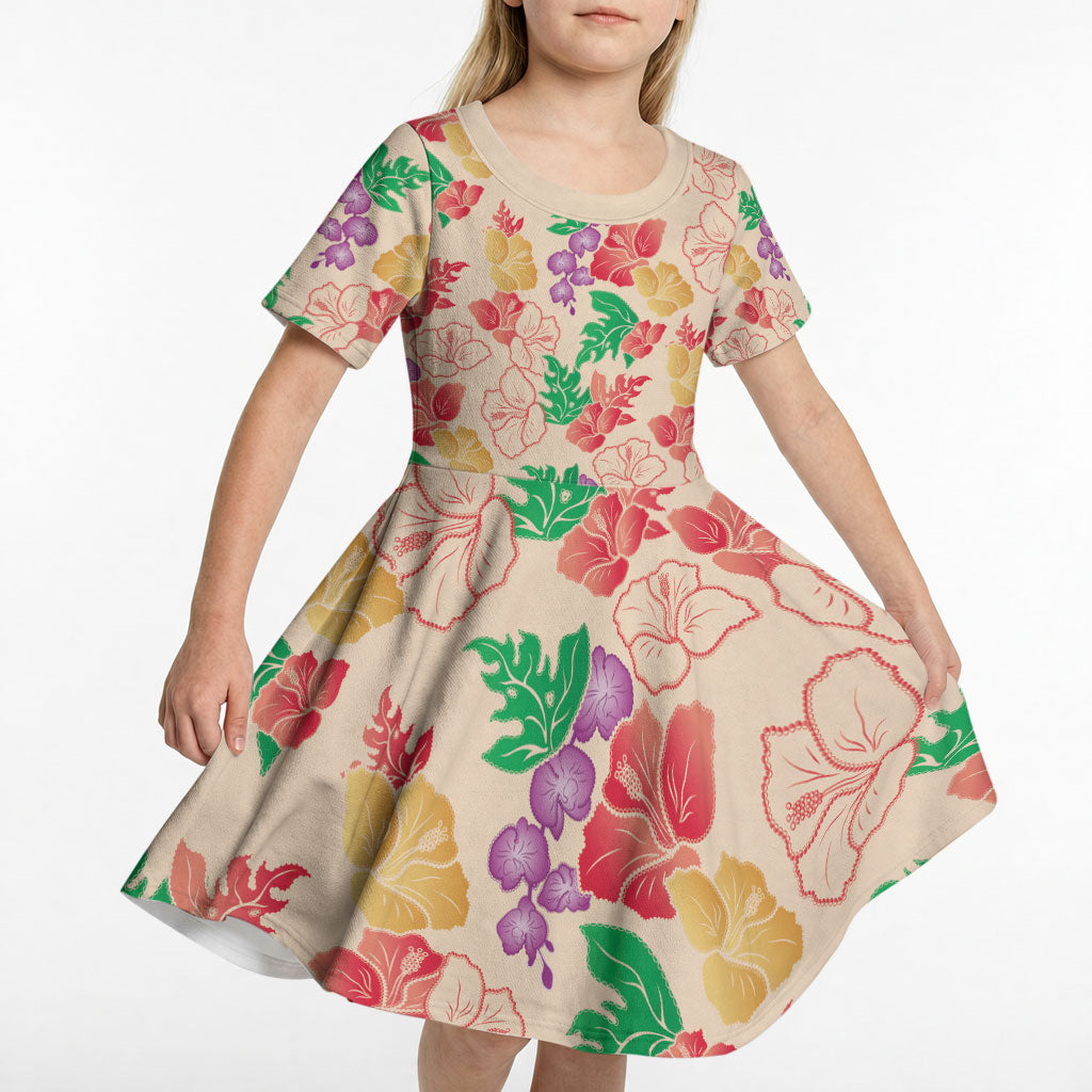 Colorful Aloha Hawaii Hibiscus Orchid Seamless Kid Short Sleeve Dress