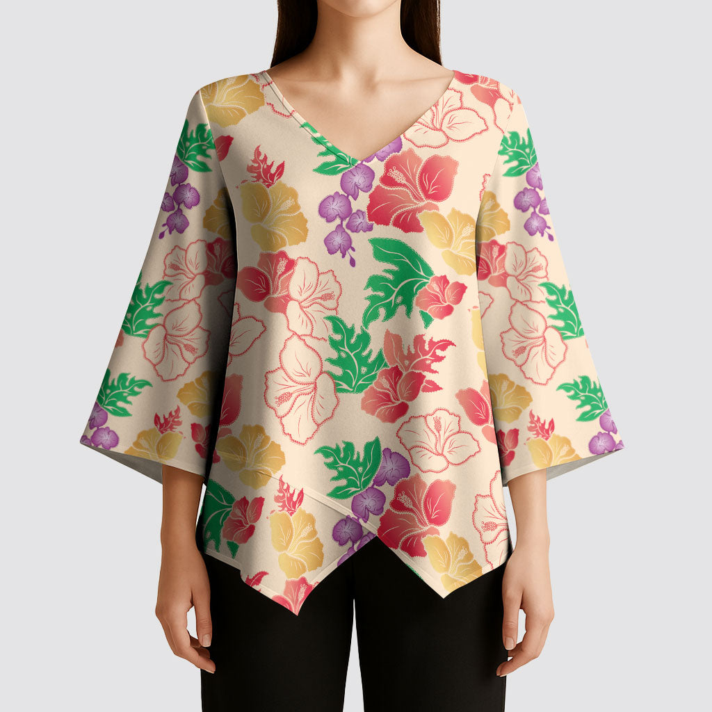Colorful Aloha Hawaii Hibiscus Orchid Seamless Kimono Sleeve Blouse