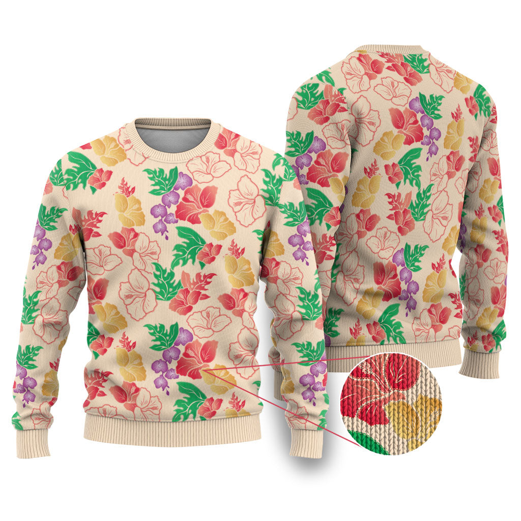 Colorful Aloha Hawaii Hibiscus Orchid Seamless Ugly Christmas Sweater