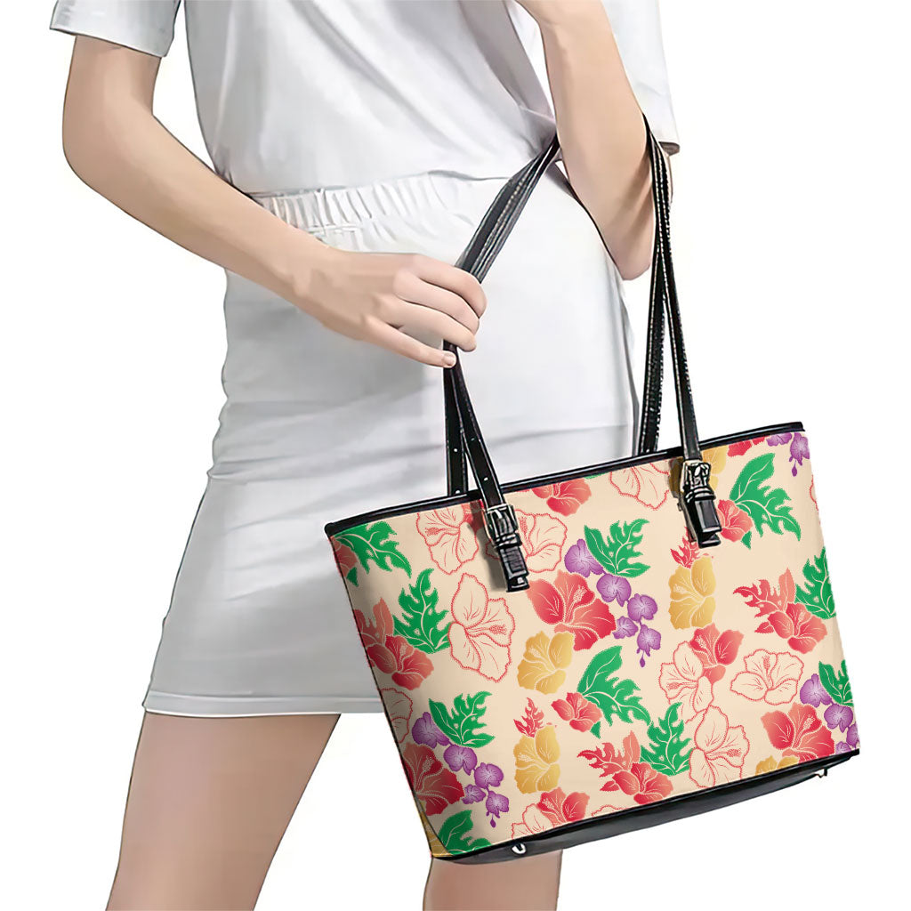 Colorful Aloha Hawaii Hibiscus Orchid Seamless Leather Tote Bag