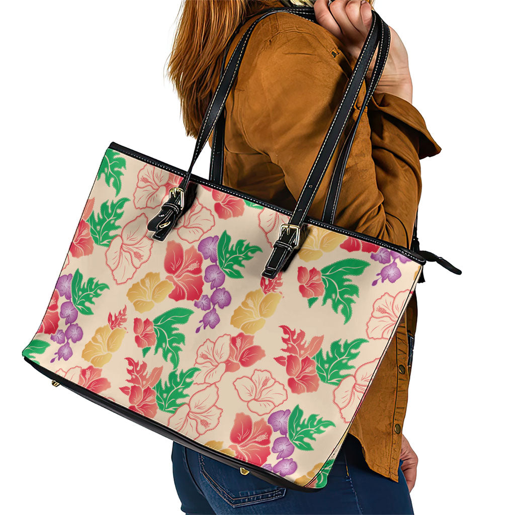 Colorful Aloha Hawaii Hibiscus Orchid Seamless Leather Tote Bag