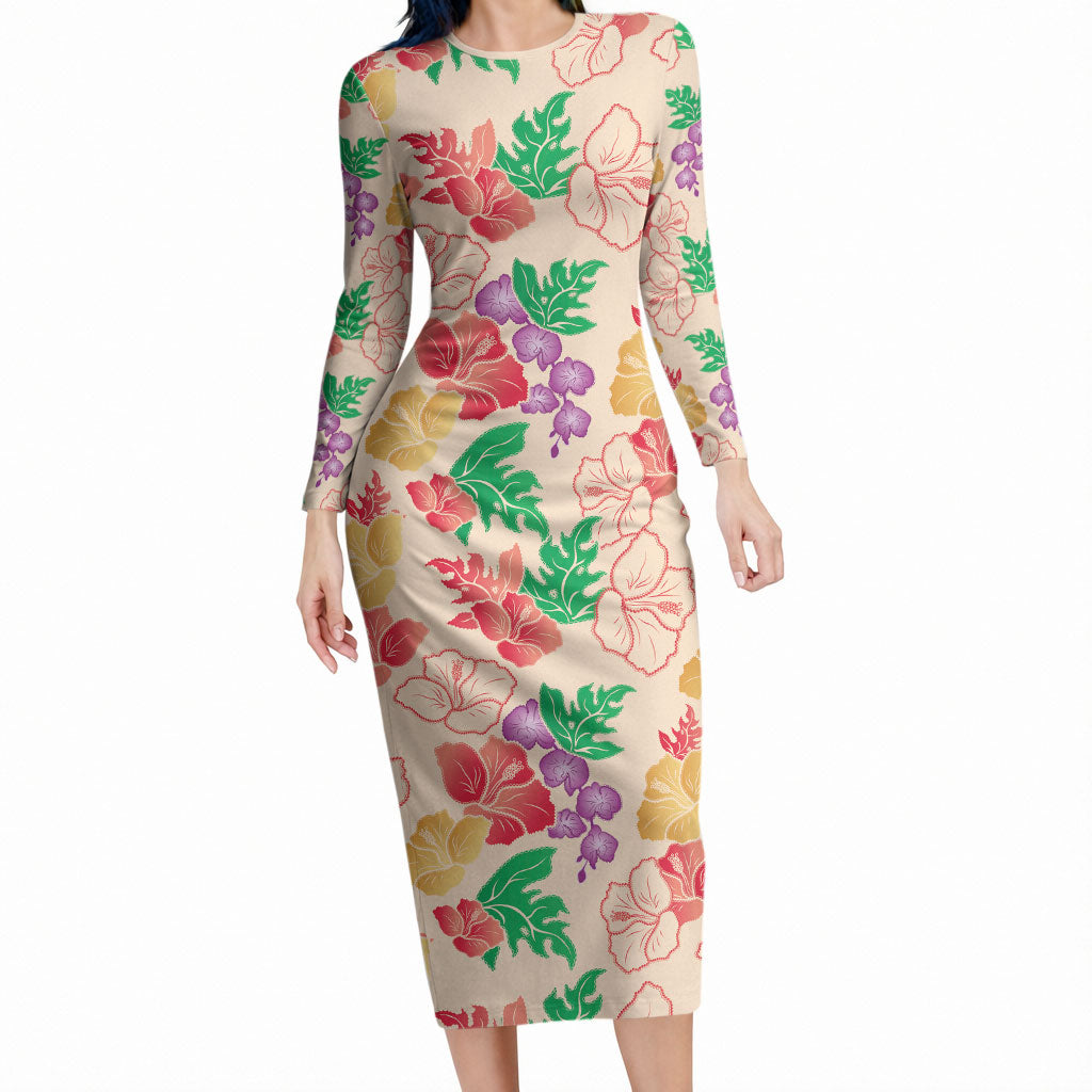 Colorful Aloha Hawaii Hibiscus Orchid Seamless Long Sleeve Bodycon Dress