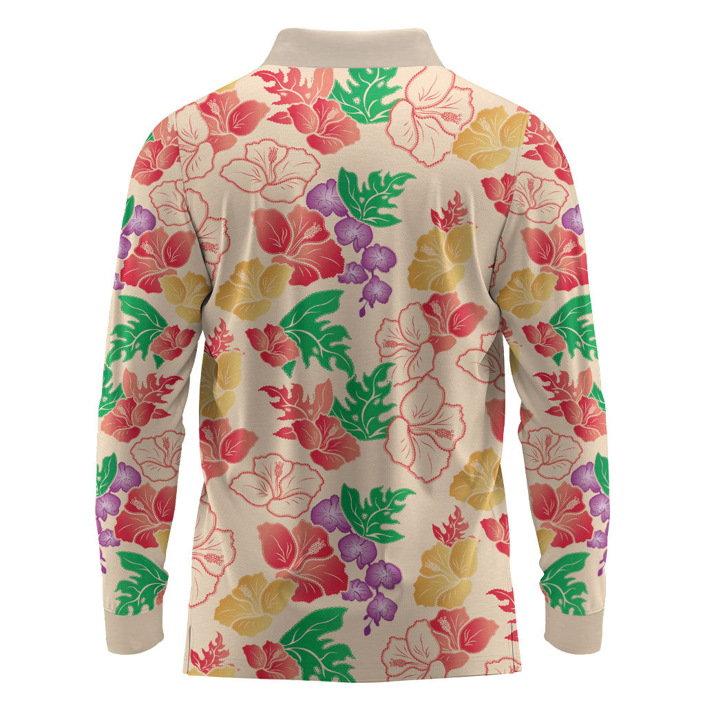 Colorful Aloha Hawaii Hibiscus Orchid Seamless Long Sleeve Polo Shirt