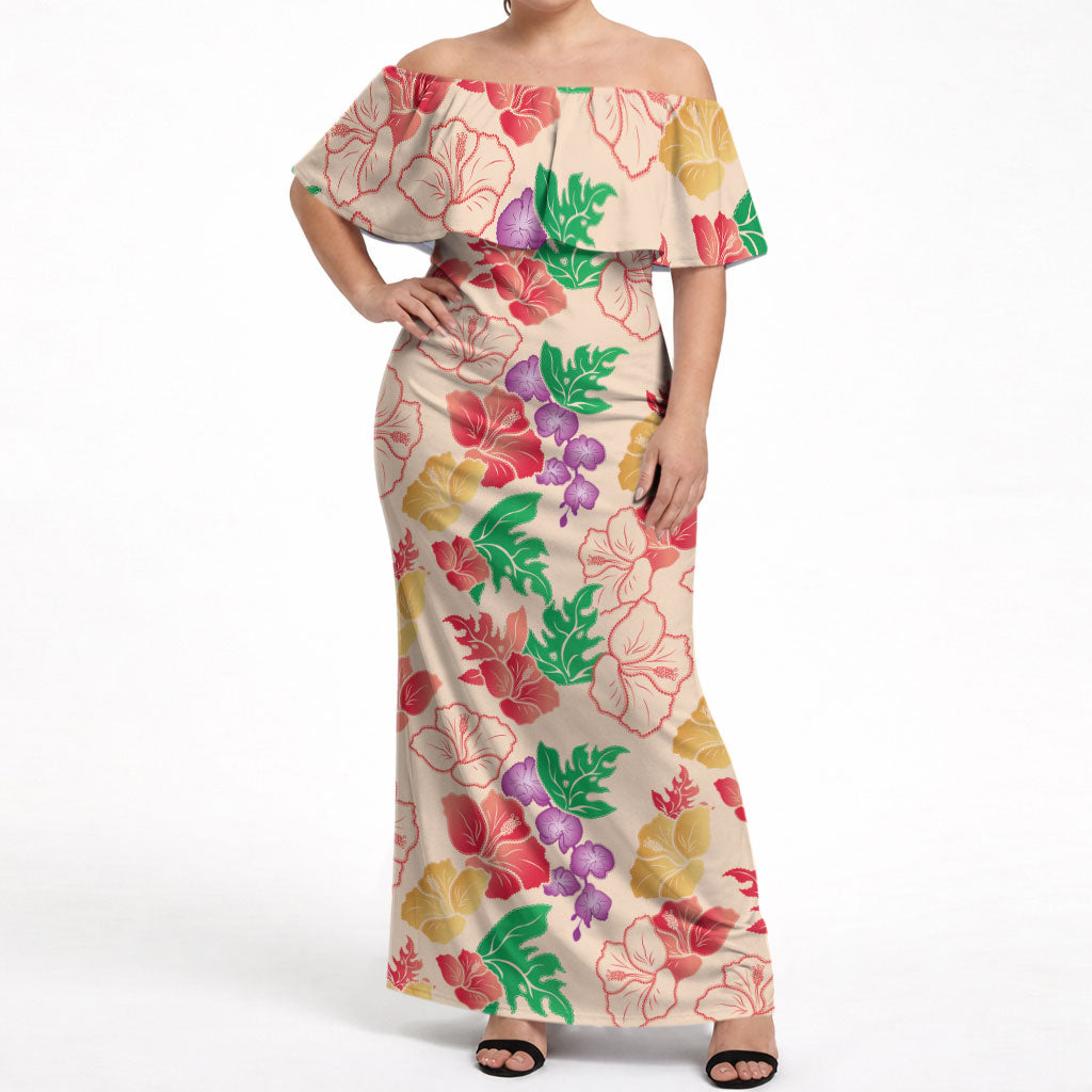 Colorful Aloha Hawaii Hibiscus Orchid Seamless Off Shoulder Maxi Dress