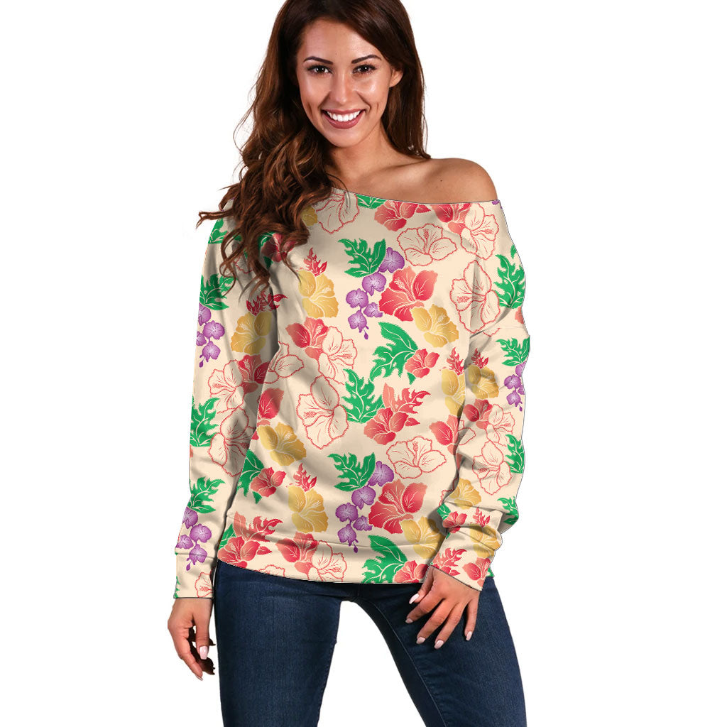 Colorful Aloha Hawaii Hibiscus Orchid Seamless Off Shoulder Sweater