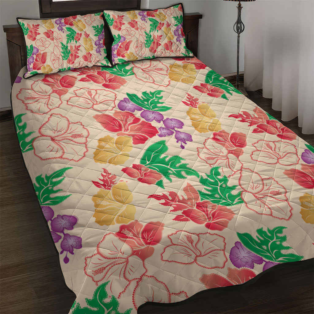 Colorful Aloha Hawaii Hibiscus Orchid Seamless Quilt Bed Set