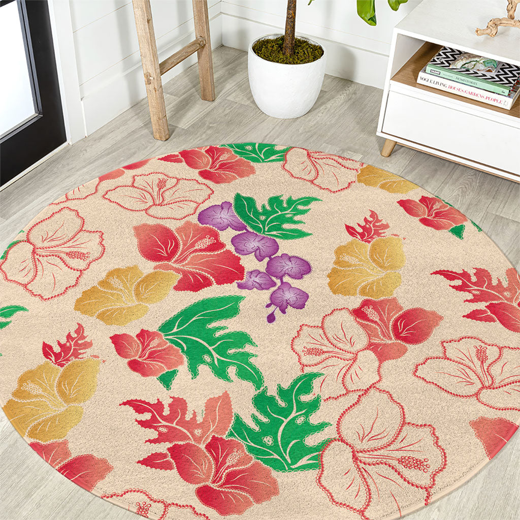 Colorful Aloha Hawaii Hibiscus Orchid Seamless Round Carpet