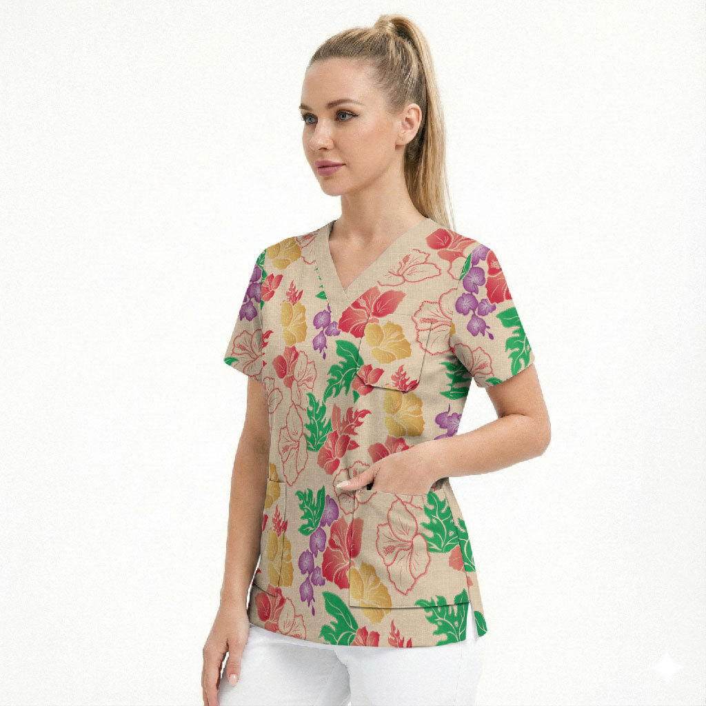 Colorful Aloha Hawaii Hibiscus Orchid Seamless Scrub Top