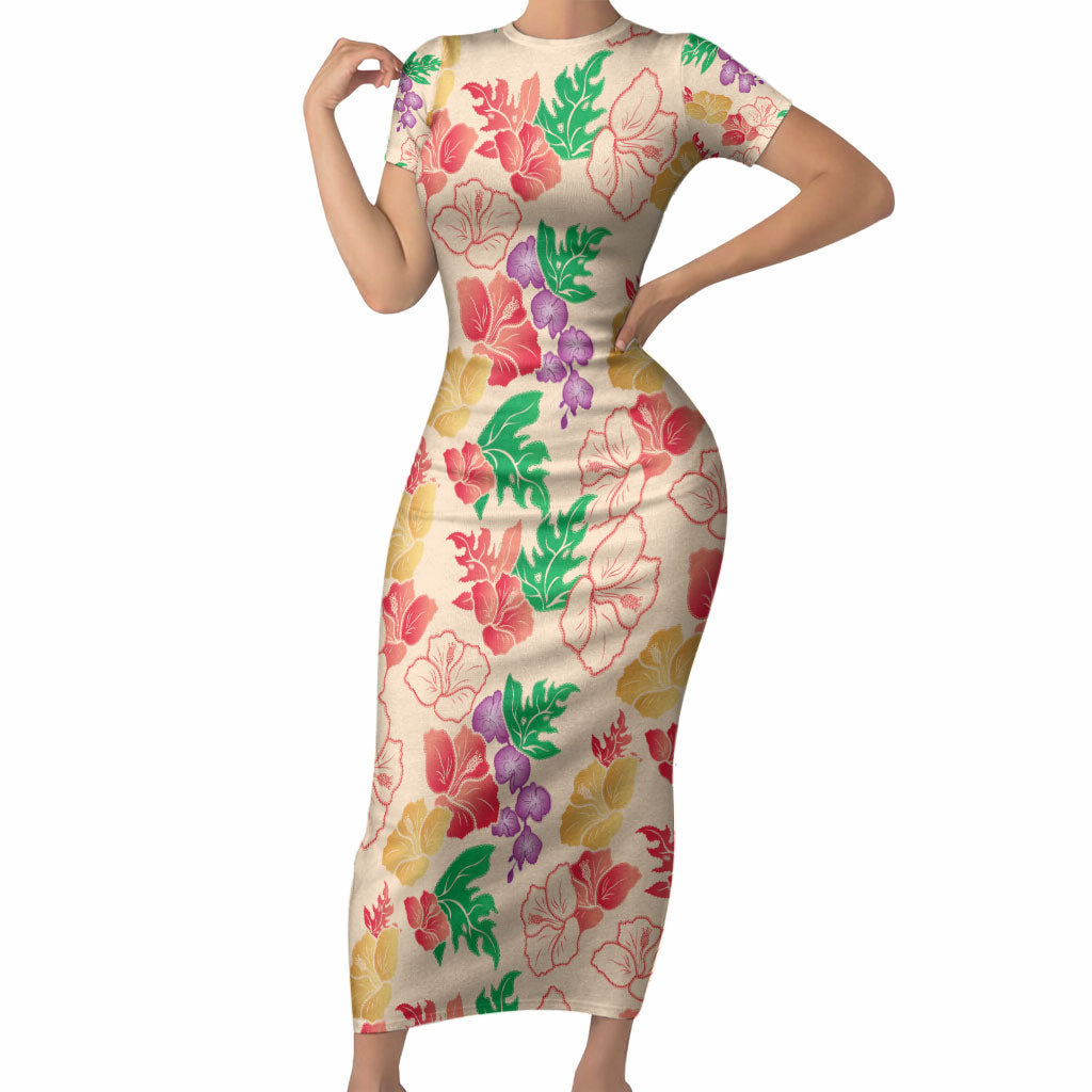 Colorful Aloha Hawaii Hibiscus Orchid Seamless Short Sleeve Bodycon Dress