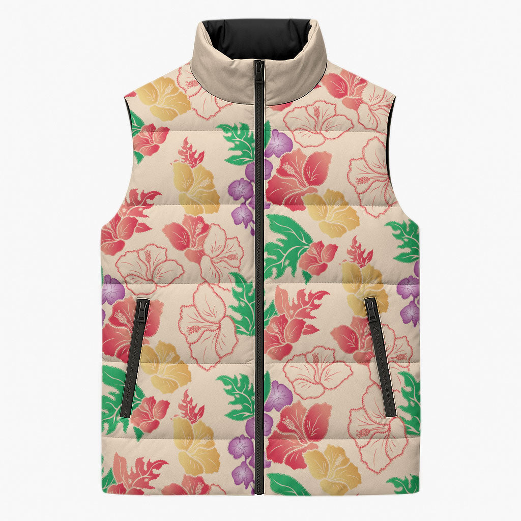 Colorful Aloha Hawaii Hibiscus Orchid Seamless Sleeveless Puffer Jacket