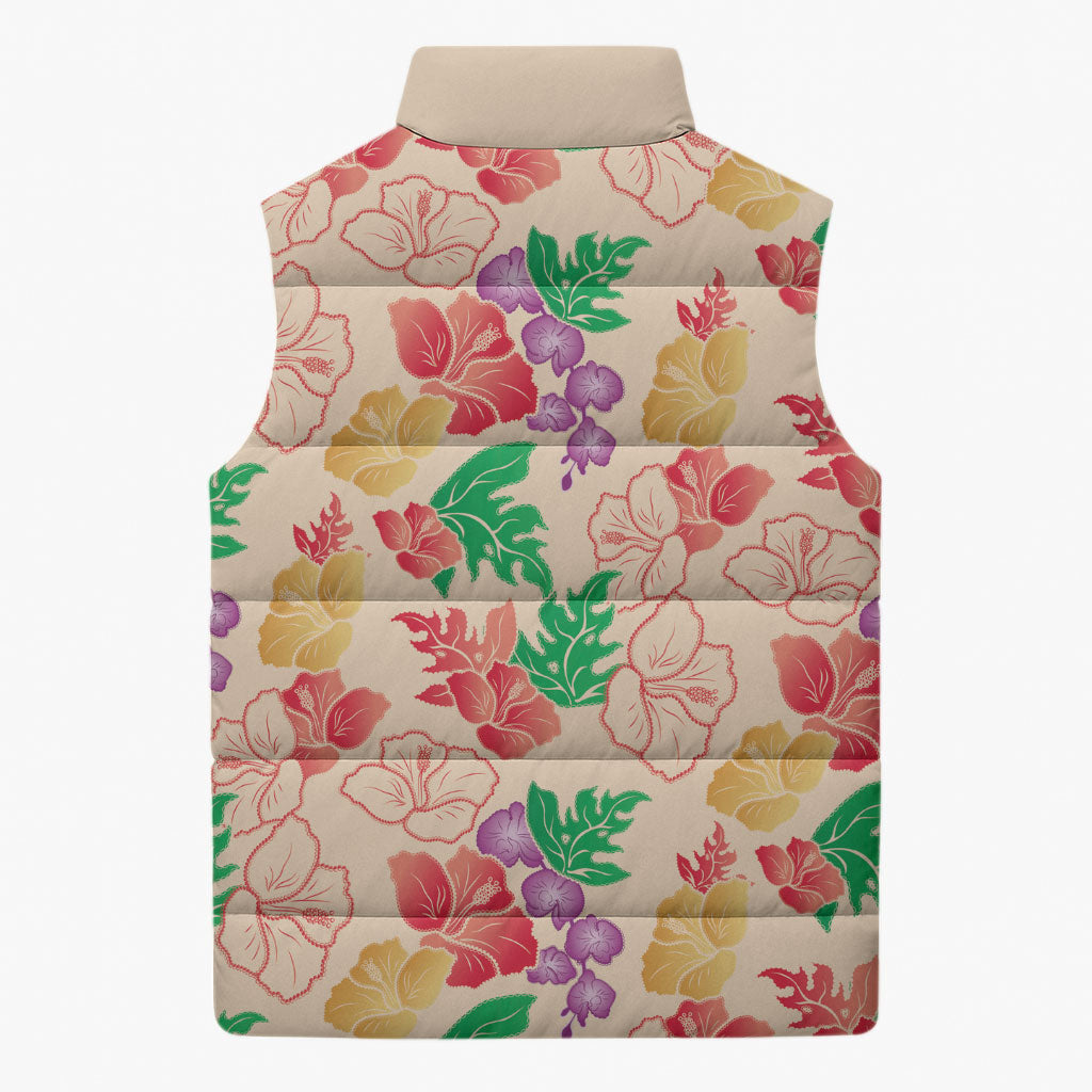 Colorful Aloha Hawaii Hibiscus Orchid Seamless Sleeveless Puffer Jacket