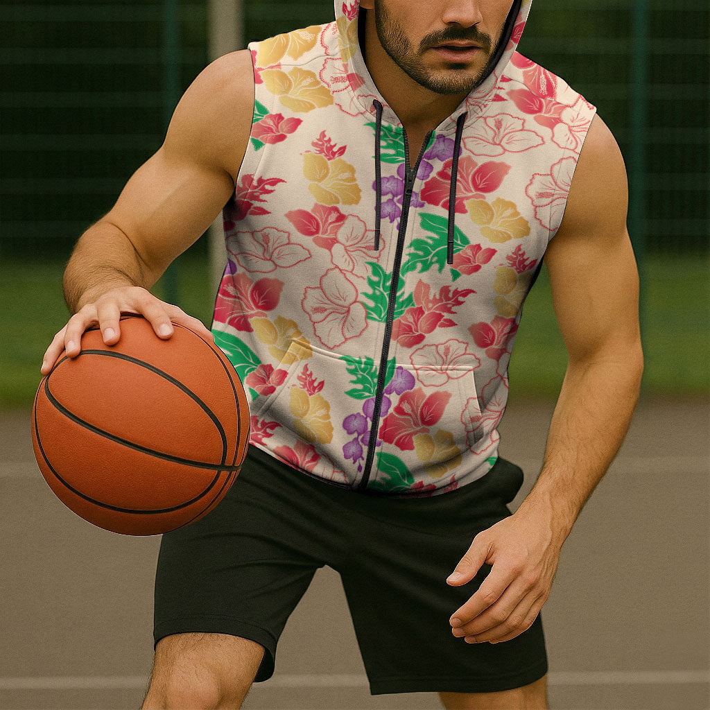 Colorful Aloha Hawaii Hibiscus Orchid Seamless Sleeveless Zip Hoodie
