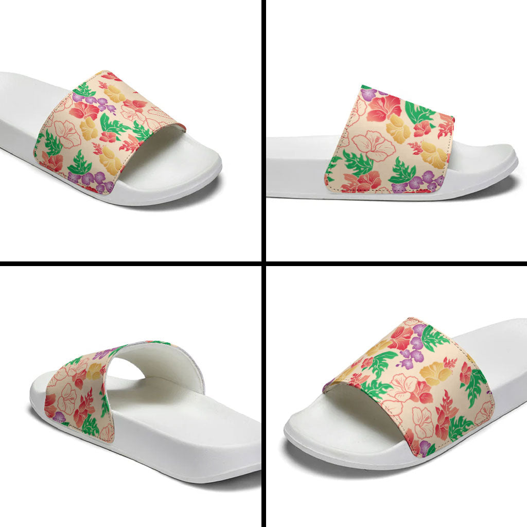 Colorful Aloha Hawaii Hibiscus Orchid Seamless Slide Sandals