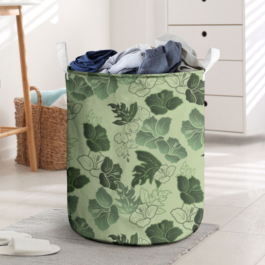 Vesuvian Green Aloha Hawaii Hibiscus Orchid Seamless Laundry Basket