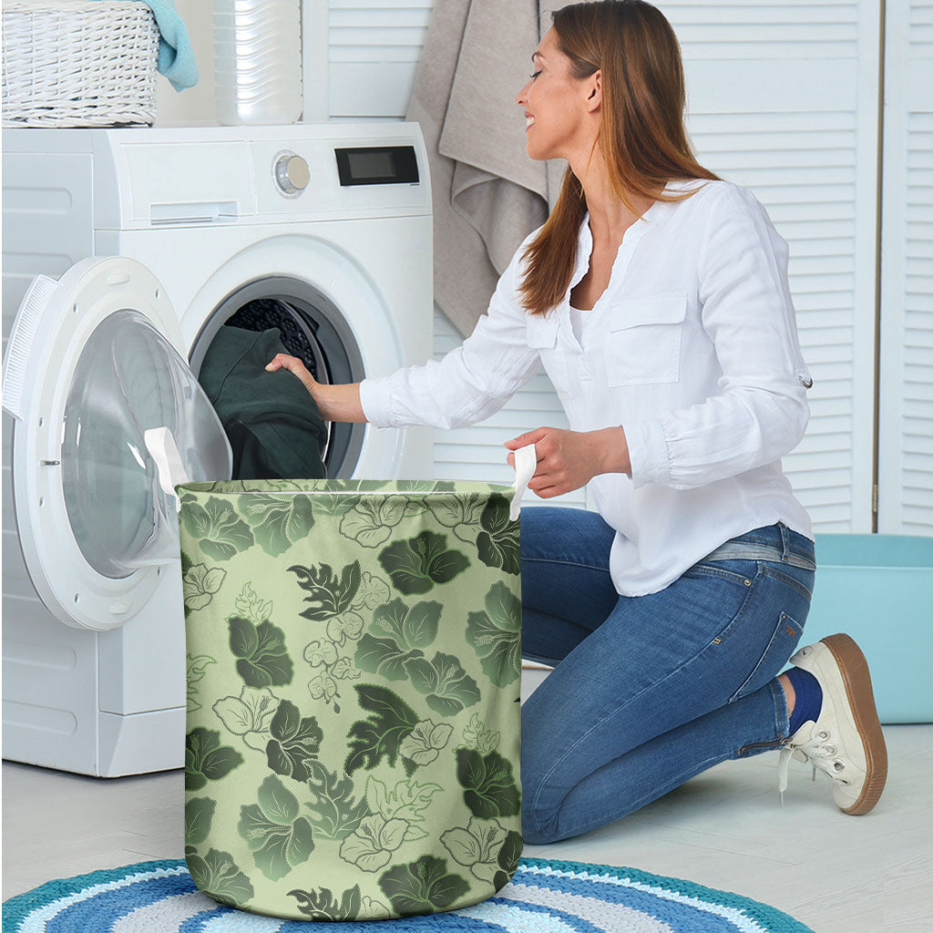 Vesuvian Green Aloha Hawaii Hibiscus Orchid Seamless Laundry Basket