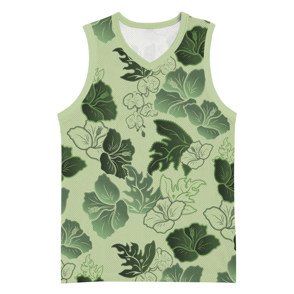 Vesuvian Green Aloha Hawaii Hibiscus Orchid Seamless Basketball Jersey