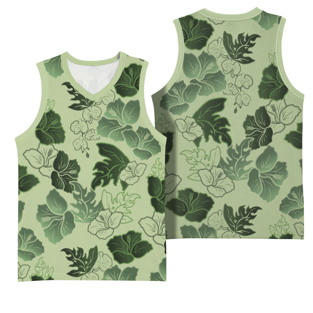 Vesuvian Green Aloha Hawaii Hibiscus Orchid Seamless Basketball Jersey