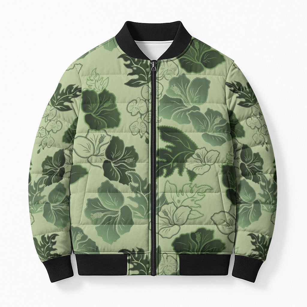 Vesuvian Green Aloha Hawaii Hibiscus Orchid Seamless Bomber Puffer Jacket