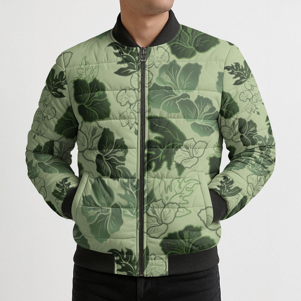Vesuvian Green Aloha Hawaii Hibiscus Orchid Seamless Bomber Puffer Jacket