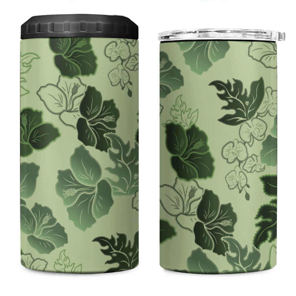 Vesuvian Green Aloha Hawaii Hibiscus Orchid Seamless 4 in 1 Can Cooler Tumbler