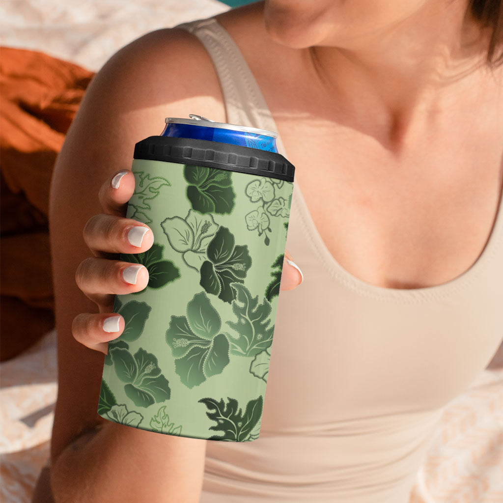 Vesuvian Green Aloha Hawaii Hibiscus Orchid Seamless 4 in 1 Can Cooler Tumbler