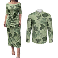 Vesuvian Green Aloha Hawaii Hibiscus Orchid Seamless Couples Matching Puletasi and Long Sleeve Button Shirt