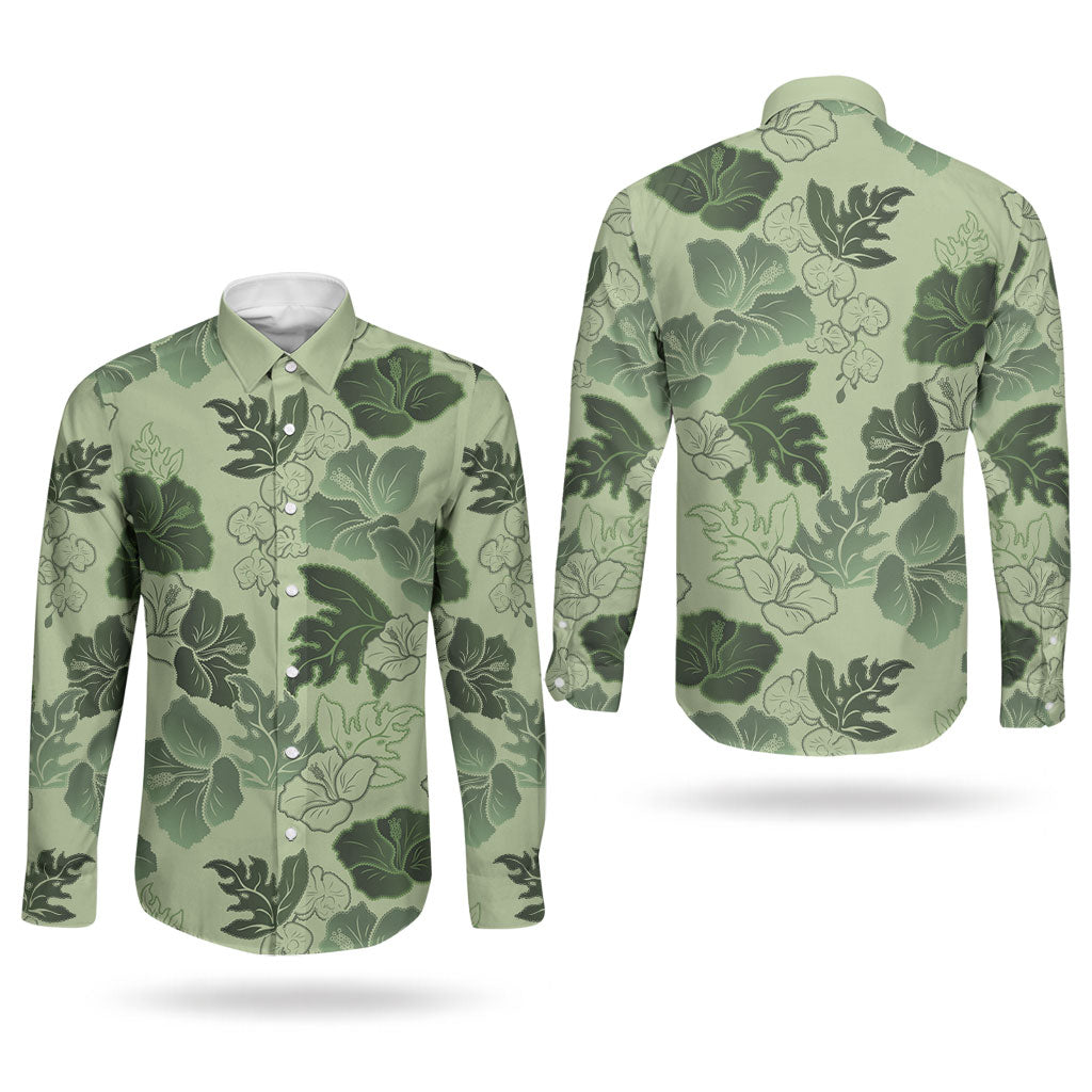 Vesuvian Green Aloha Hawaii Hibiscus Orchid Seamless Couples Matching Summer Maxi Dress and Long Sleeve Button Shirt